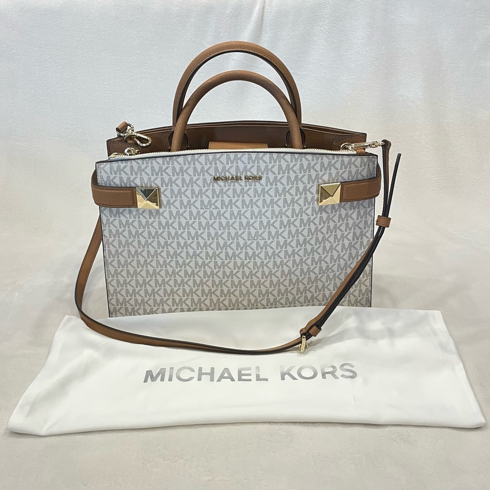 Michael Kors Karla Medium Satchel Handbag Vanilla/Acorn Like New with Tags